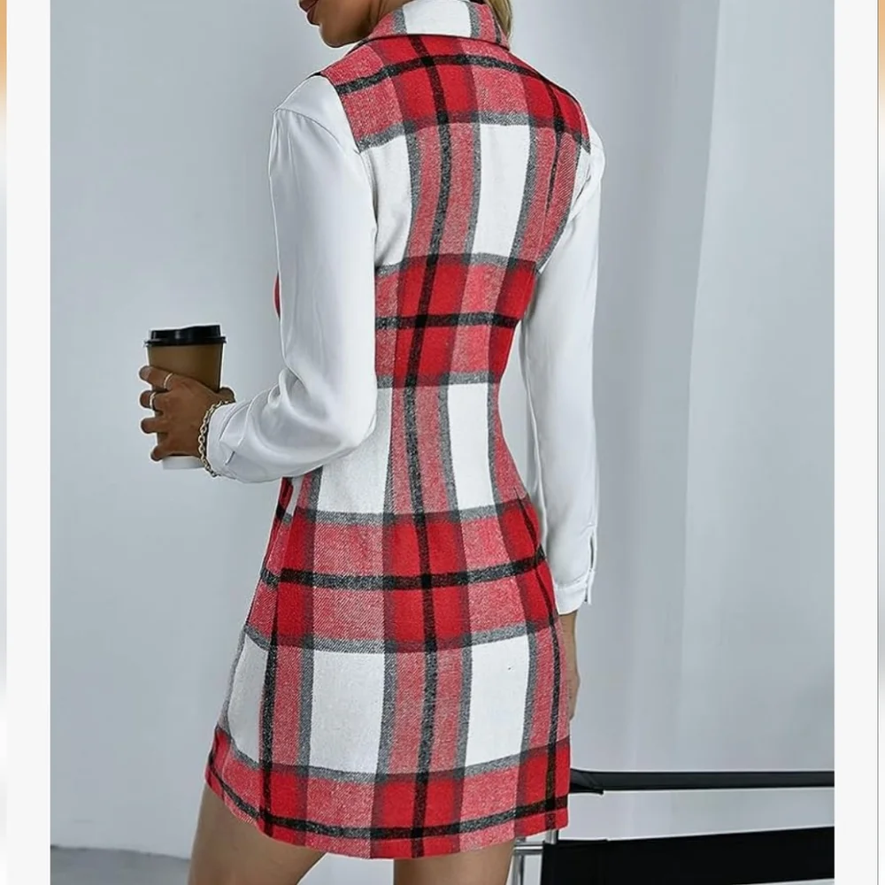 Women Sleeveless Plaid Double Breasted Shacket Vest.